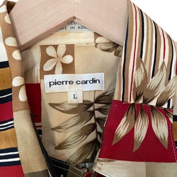 Pierre Cardin Mens Hawaiian Shirt L Short Sleeve Tropical Print 100% Cotton Beig - Picture 3 of 6